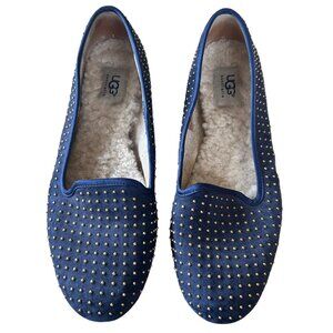 Ugg Alloway Leather Genuine Sheepskin Navy With Gold Stud Classy Flats 8.5